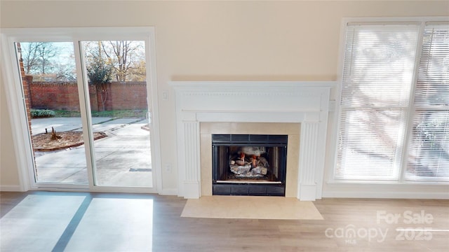 details with hardwood / wood-style flooring and a tile fireplace