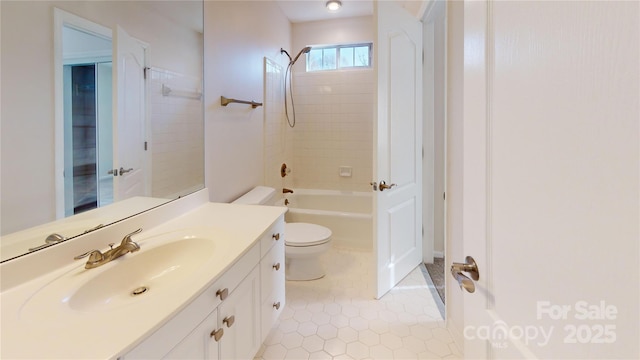 full bathroom featuring tile patterned flooring, vanity, shower / bath combination, and toilet