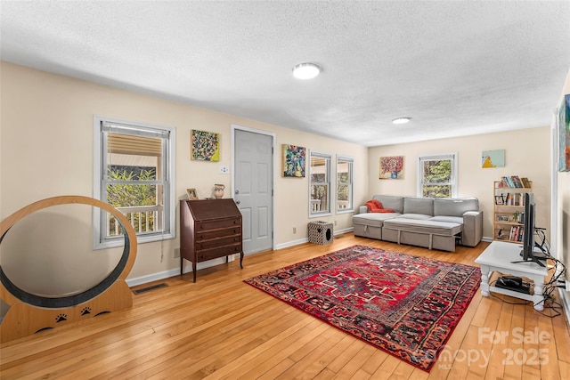 living room featuring wood-type flooring and a textured ceiling