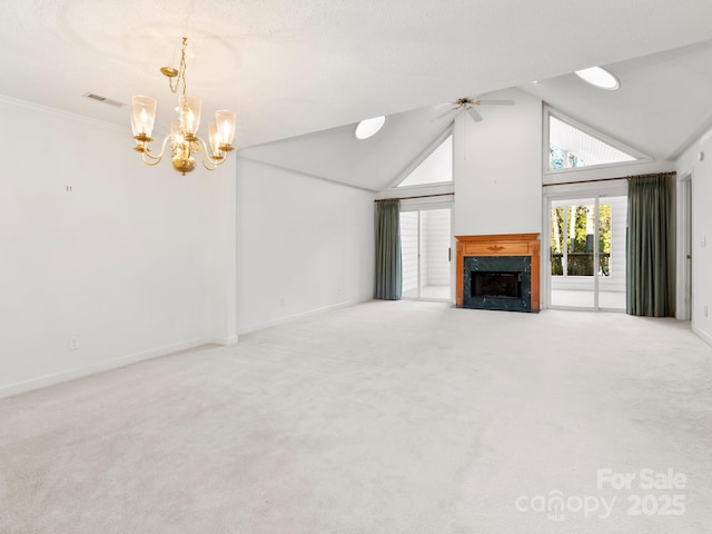 unfurnished living room with lofted ceiling, crown molding, light colored carpet, and ceiling fan with notable chandelier