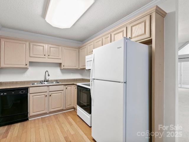 kitchen featuring white appliances, crown molding, sink, a textured ceiling, and light hardwood / wood-style floors