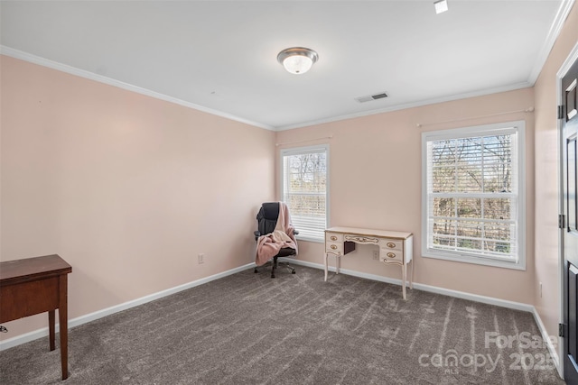 sitting room with dark colored carpet and crown molding