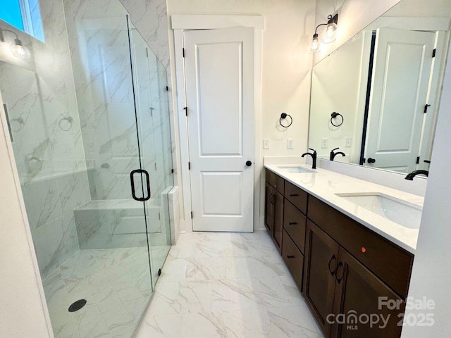 bathroom featuring walk in shower and vanity