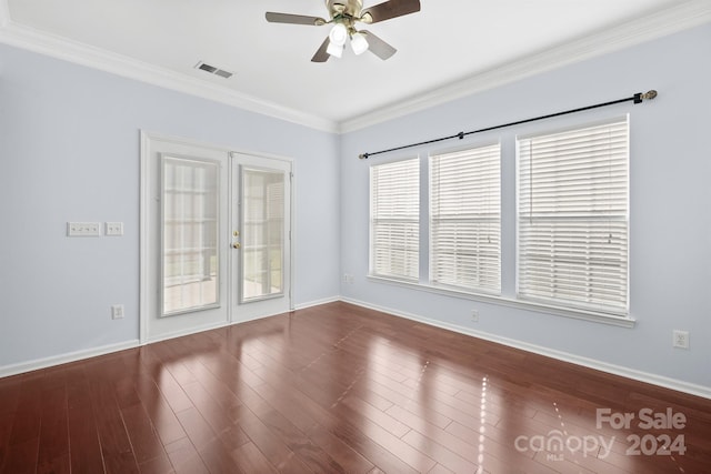 spare room with french doors, hardwood / wood-style flooring, ceiling fan, and ornamental molding