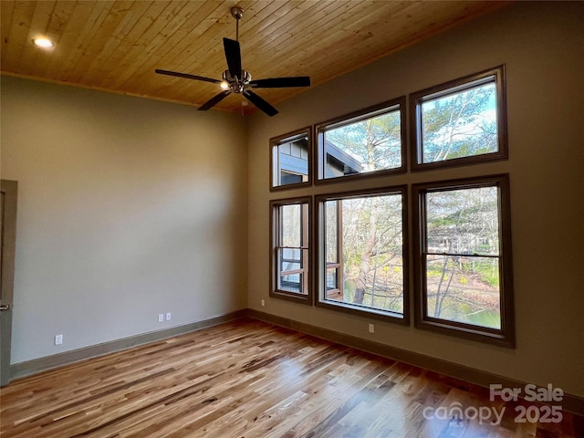 empty room with ceiling fan, wood ceiling, and light hardwood / wood-style flooring