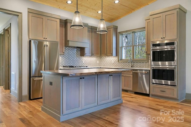 kitchen with wood ceiling, appliances with stainless steel finishes, a center island, dark countertops, and pendant lighting