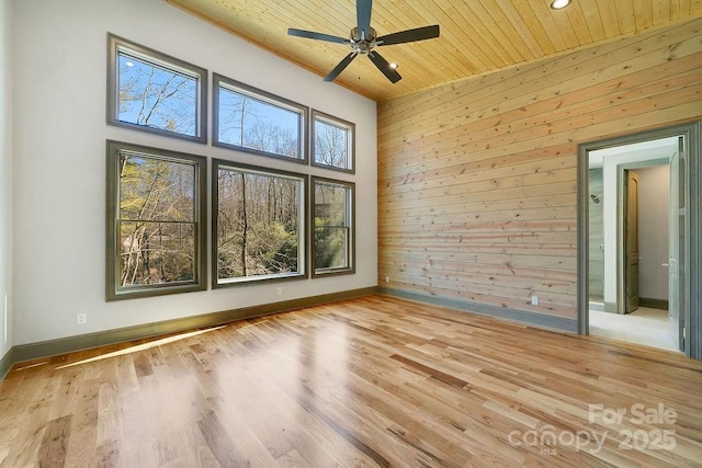 spare room with light wood finished floors, wood ceiling, baseboards, and wood walls