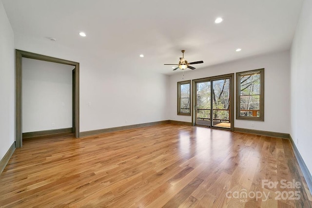 unfurnished room featuring baseboards, ceiling fan, recessed lighting, and light wood-style floors