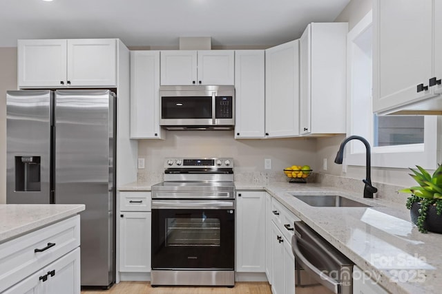 kitchen featuring white cabinetry, stainless steel appliances, and a sink