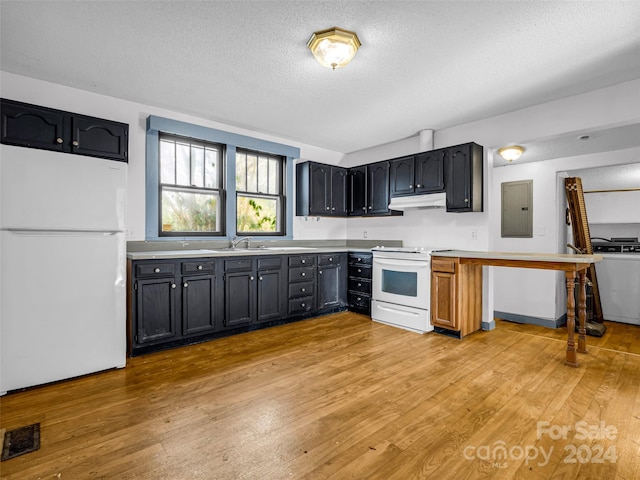 kitchen with white appliances, electric panel, light hardwood / wood-style flooring, and sink