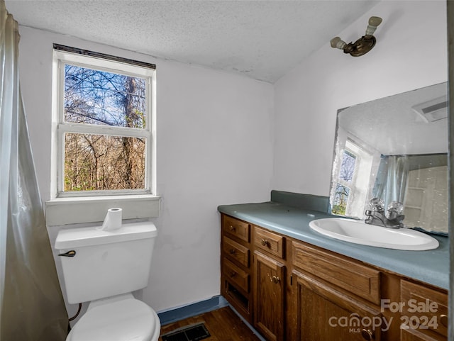 bathroom featuring hardwood / wood-style floors, vanity, a textured ceiling, and toilet