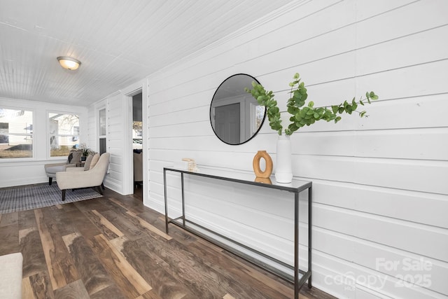 interior space with dark hardwood / wood-style flooring and wood walls