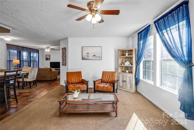 living room featuring ceiling fan, wood-type flooring, and a textured ceiling