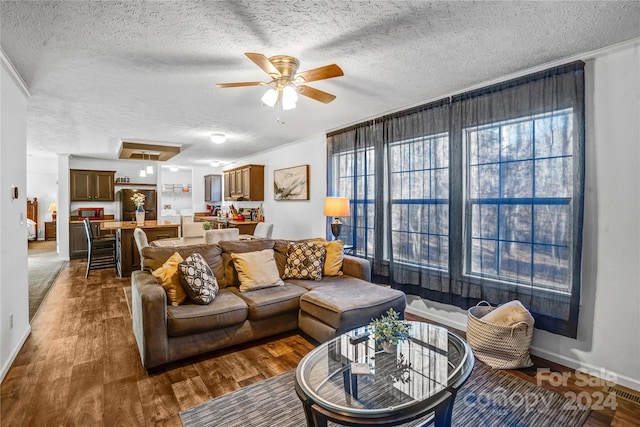 living room featuring dark hardwood / wood-style flooring, a textured ceiling, and ceiling fan