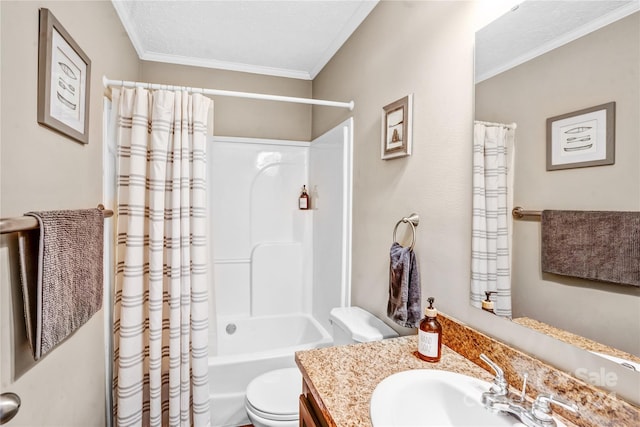 full bathroom featuring shower / tub combo, vanity, a textured ceiling, crown molding, and toilet