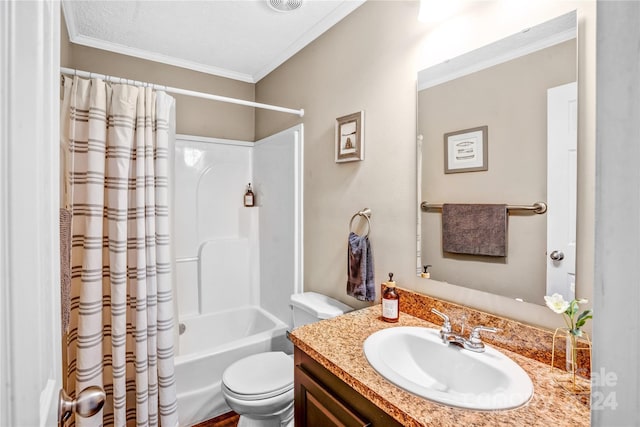 full bathroom featuring shower / bath combination with curtain, a textured ceiling, toilet, vanity, and ornamental molding