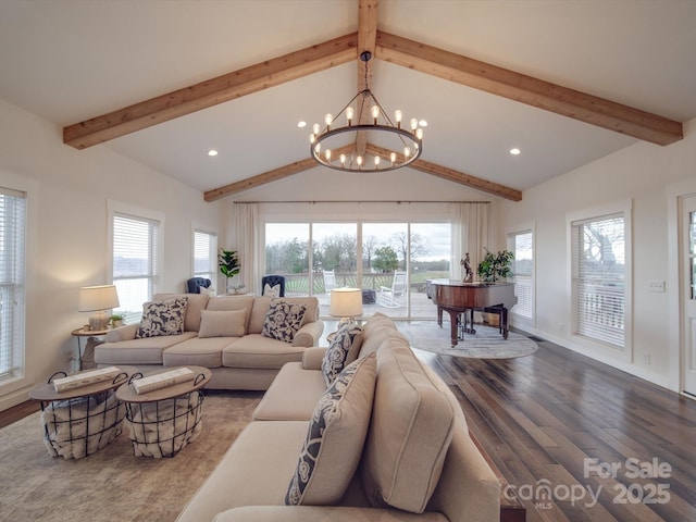 living room featuring vaulted ceiling with beams, hardwood / wood-style flooring, and a notable chandelier