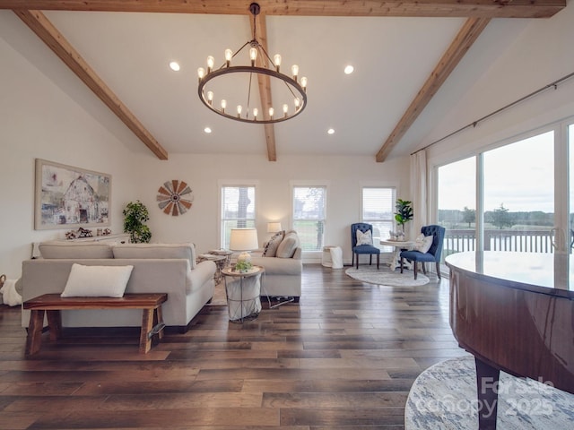 living room with a chandelier, vaulted ceiling with beams, and dark wood-type flooring