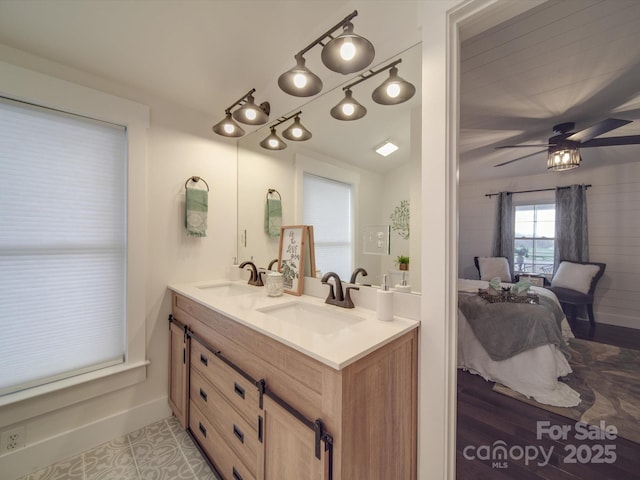 bathroom with vanity, tile patterned floors, and ceiling fan