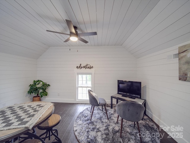 office area featuring lofted ceiling, dark hardwood / wood-style floors, wooden ceiling, and wood walls