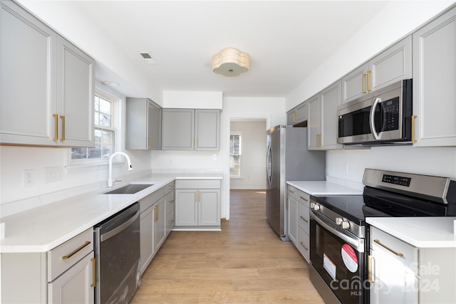 kitchen with gray cabinets, sink, light wood-type flooring, and appliances with stainless steel finishes