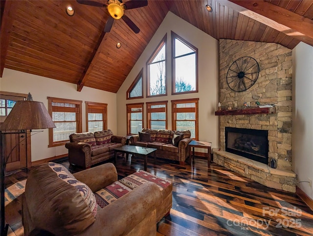 living room with wood ceiling, a fireplace, and hardwood / wood-style flooring