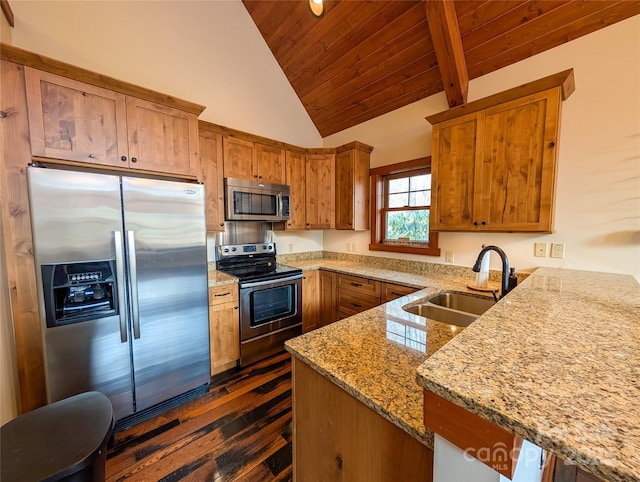 kitchen featuring vaulted ceiling with beams, wooden ceiling, stainless steel appliances, a sink, and brown cabinetry