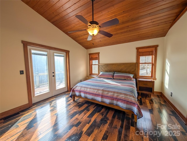 bedroom featuring vaulted ceiling, access to outside, french doors, and multiple windows