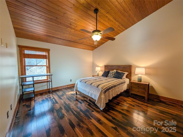 bedroom with baseboards, lofted ceiling, wooden ceiling, ceiling fan, and hardwood / wood-style floors