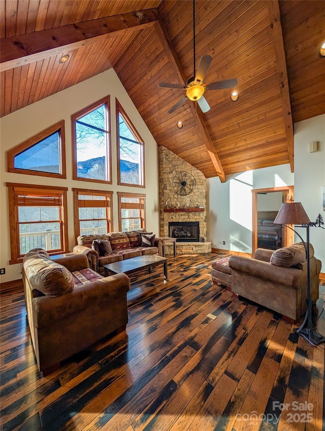 living room with wood ceiling, a stone fireplace, high vaulted ceiling, beamed ceiling, and wood-type flooring