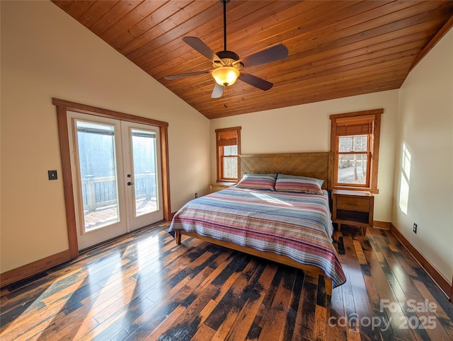 bedroom with vaulted ceiling, access to outside, french doors, and multiple windows