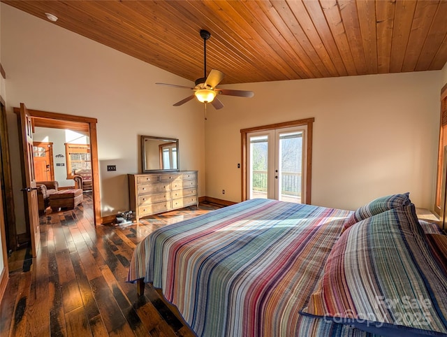 bedroom featuring wood-type flooring, baseboards, access to outside, wooden ceiling, and french doors
