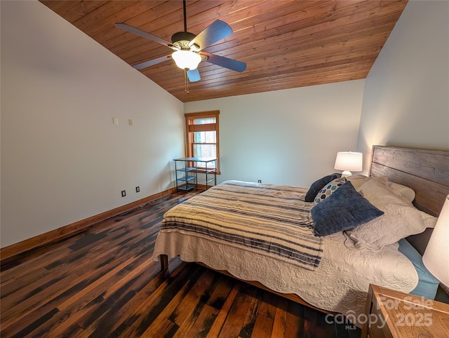 bedroom featuring a ceiling fan, baseboards, vaulted ceiling, dark wood-style floors, and wood ceiling