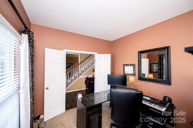 home office with carpet floors