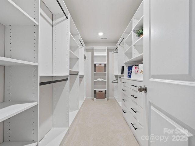 walk in closet featuring light carpet