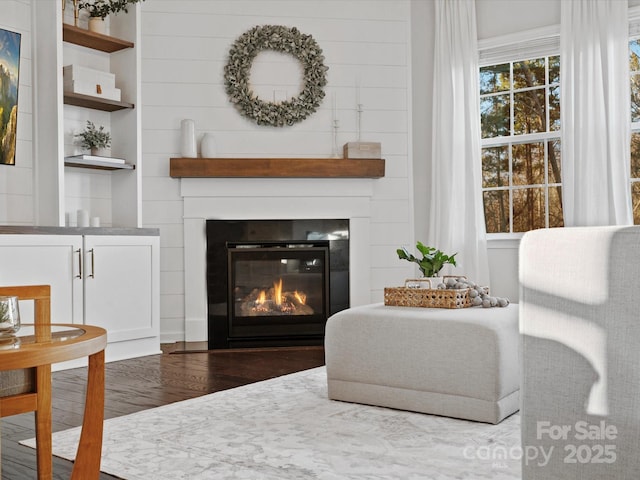 living area featuring a fireplace, built in shelves, and hardwood / wood-style floors