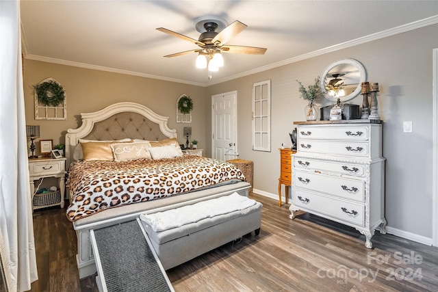 bedroom with dark hardwood / wood-style floors, ceiling fan, and ornamental molding