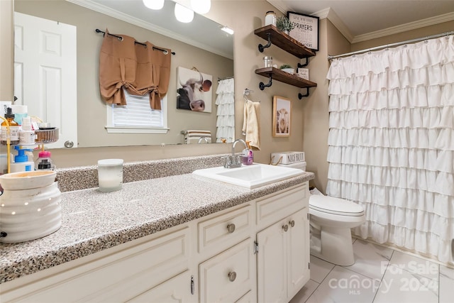 bathroom with crown molding, tile patterned flooring, vanity, and toilet