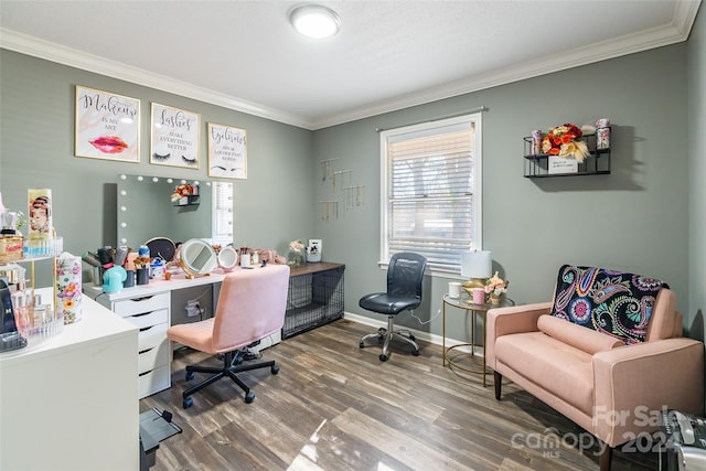 office area with crown molding and hardwood / wood-style floors