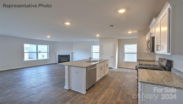 kitchen with dark hardwood / wood-style flooring, stainless steel appliances, sink, white cabinets, and an island with sink