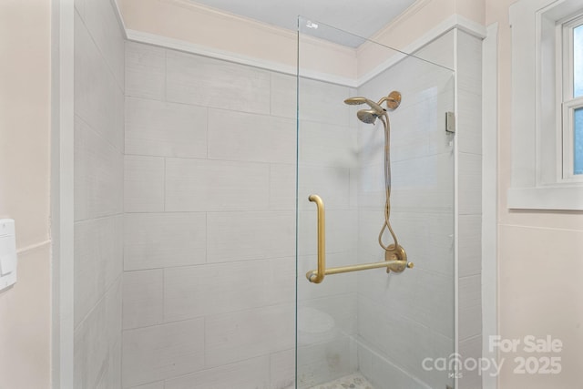 bathroom featuring a shower with shower door