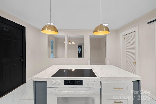 kitchen with white cabinetry, hanging light fixtures, a center island, light stone countertops, and electric stove