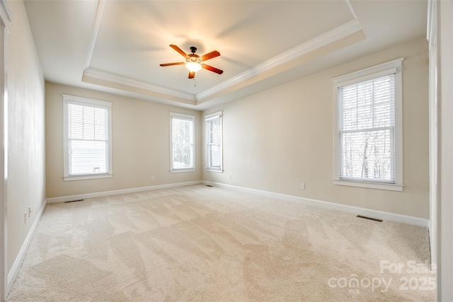 carpeted spare room featuring ceiling fan, ornamental molding, and a tray ceiling