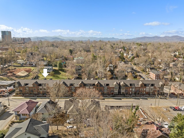 drone / aerial view featuring a mountain view