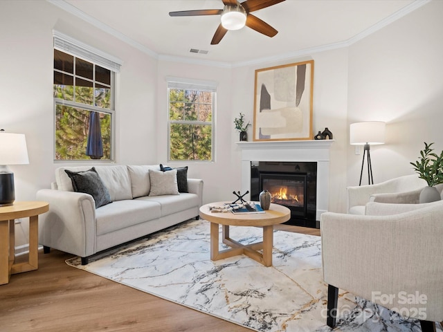 living room featuring ceiling fan, wood-type flooring, and crown molding