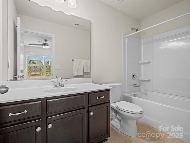 full bathroom featuring ceiling fan, tile patterned floors, toilet, shower / tub combination, and vanity