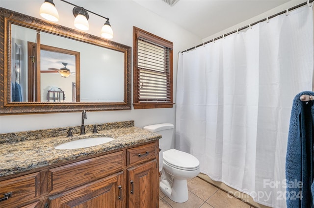 bathroom with tile patterned floors, ceiling fan, toilet, and vanity