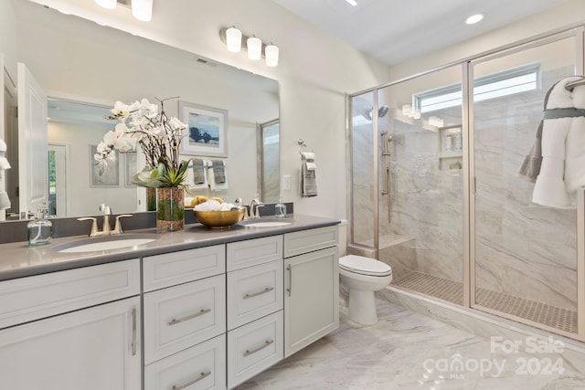 bathroom with vanity, toilet, and an enclosed shower