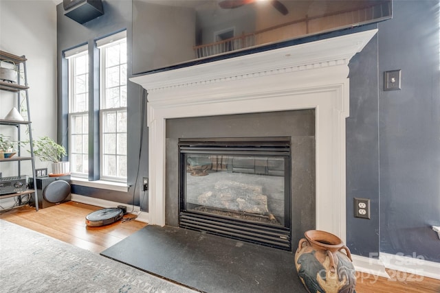 interior details featuring hardwood / wood-style floors and ceiling fan