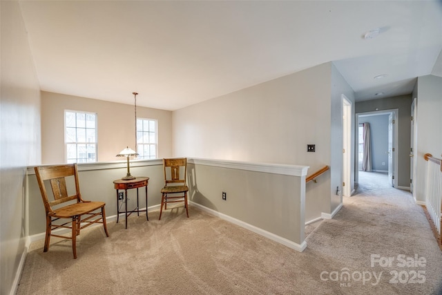 living area featuring light colored carpet